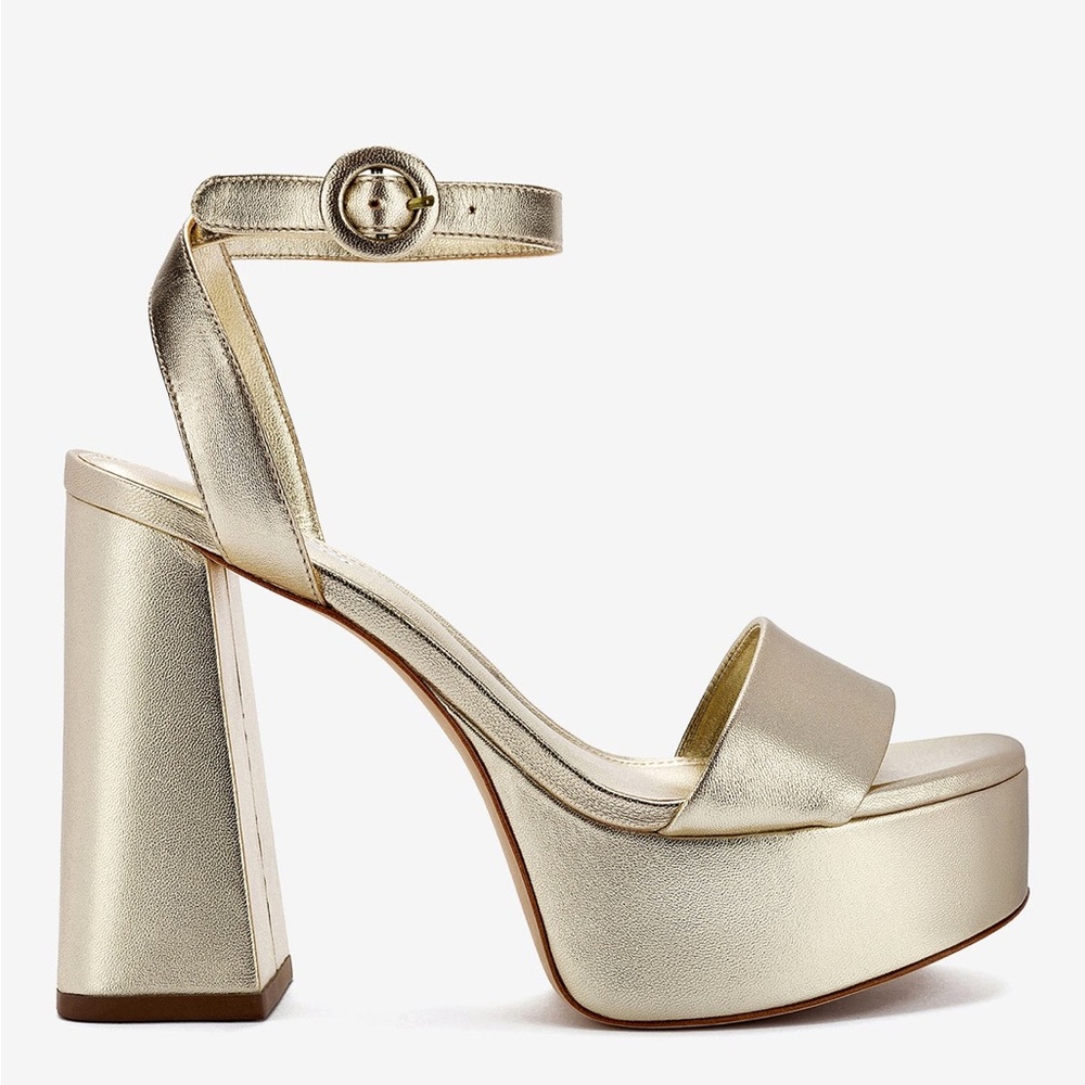 🔥Larroude Metallic Gold Platform Block Heel Sandal with Ankle Strap🔥Sz 10 BNIB - Picture 1 of 16